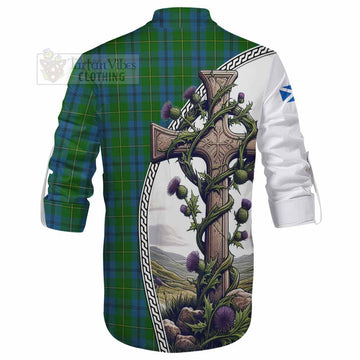 Johnstone (Johnston) Tartan Ghillie Kilt Shirt with Family Crest and St. Andrew's Cross Accented by Thistle Vines