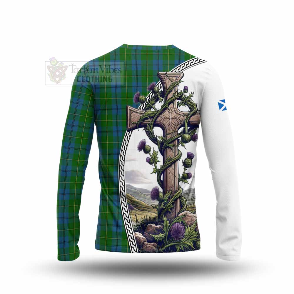 Tartan Vibes Clothing Johnstone (Johnston) Tartan Long Sleeve T-Shirt with Family Crest and St. Andrew's Cross Accented by Thistle Vines