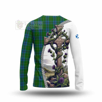 Johnstone (Johnston) Tartan Long Sleeve T-Shirt with Family Crest and St. Andrew's Cross Accented by Thistle Vines