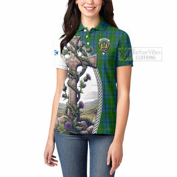 Johnstone (Johnston) Tartan Women's Polo Shirt with Family Crest and St. Andrew's Cross Accented by Thistle Vines