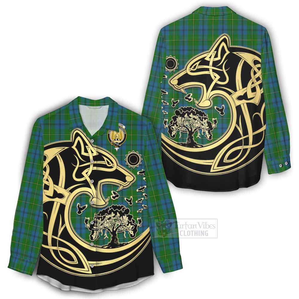 Tartan Vibes Clothing Johnstone (Johnston) Tartan Women's Casual Shirt with Family Crest Celtic Wolf Style