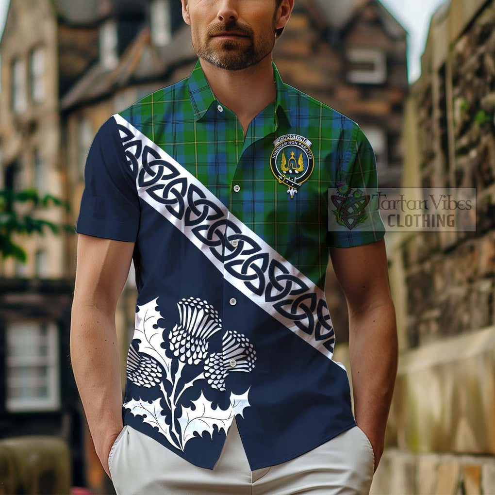 Tartan Vibes Clothing Johnstone (Johnston) Tartan Short Sleeve Button Shirt Featuring Thistle and Scotland Map