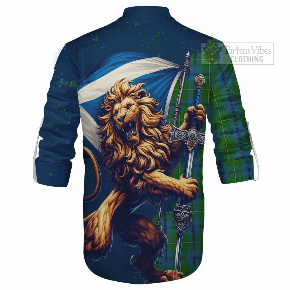 Tartan Vibes Clothing Johnstone (Johnston) Tartan Family Crest Ghillie Kilt Shirt with Scottish Majestic Lion