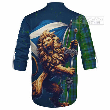 Johnstone (Johnston) Tartan Family Crest Ghillie Kilt Shirt with Scottish Majestic Lion