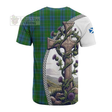 Johnstone (Johnston) Tartan Cotton T-shirt with Family Crest and St. Andrew's Cross Accented by Thistle Vines