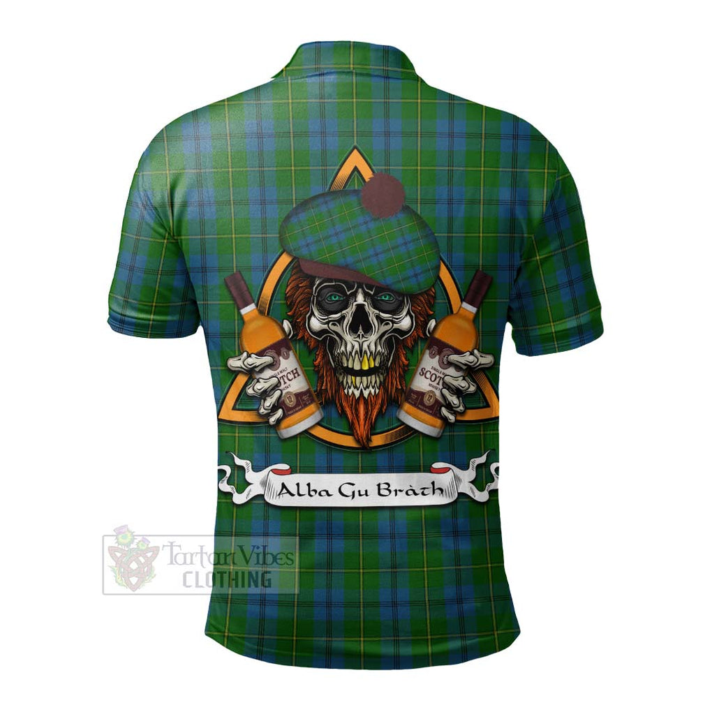 Tartan Vibes Clothing Johnstone (Johnston) Tartan Polo Shirt with Family Crest and Bearded Skull Holding Bottles of Whiskey