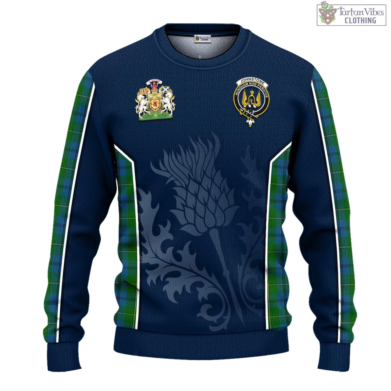 Tartan Vibes Clothing Johnstone-Johnston Tartan Knitted Sweatshirt with Family Crest and Scottish Thistle Vibes Sport Style