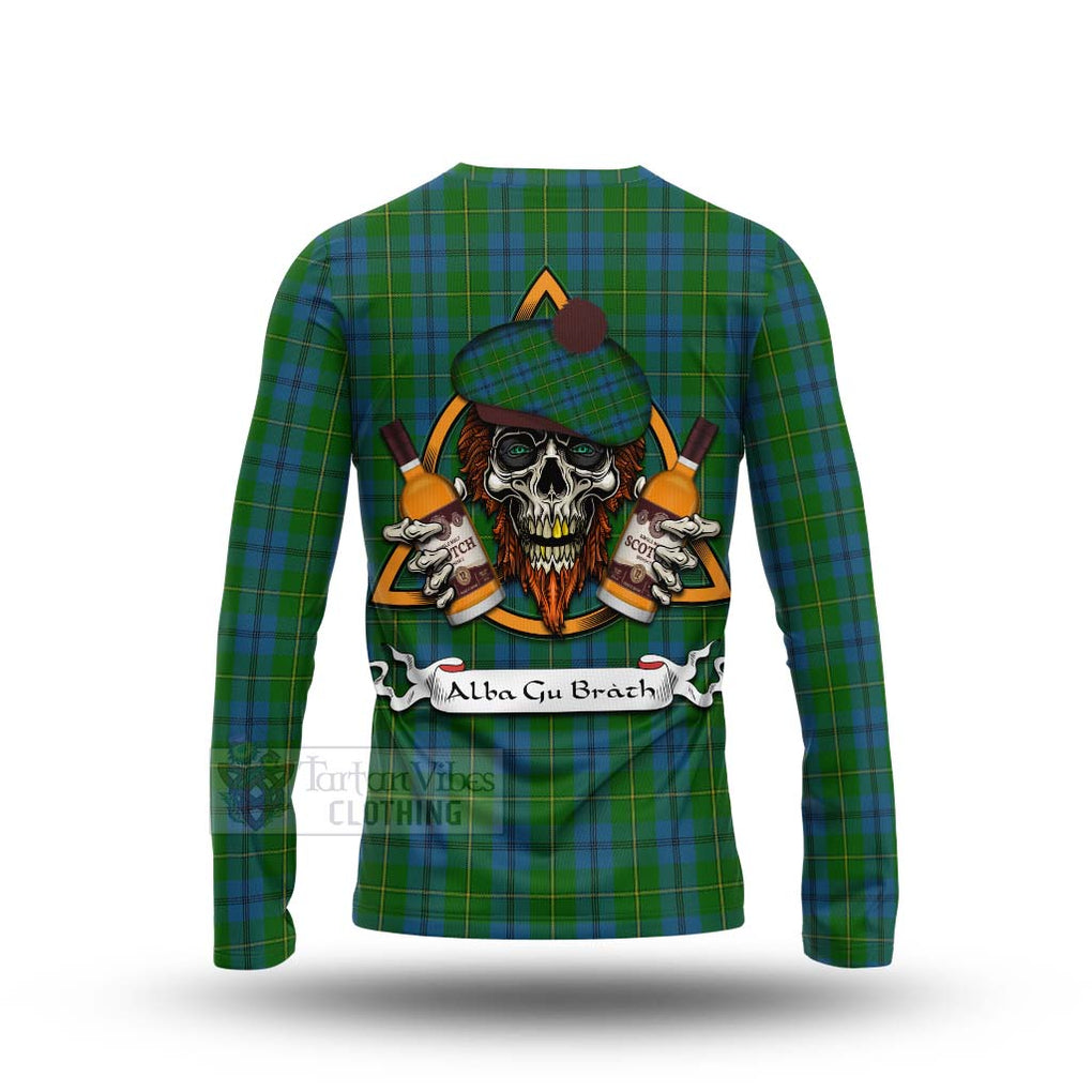 Tartan Vibes Clothing Johnstone (Johnston) Tartan Long Sleeve T-Shirt with Family Crest and Bearded Skull Holding Bottles of Whiskey