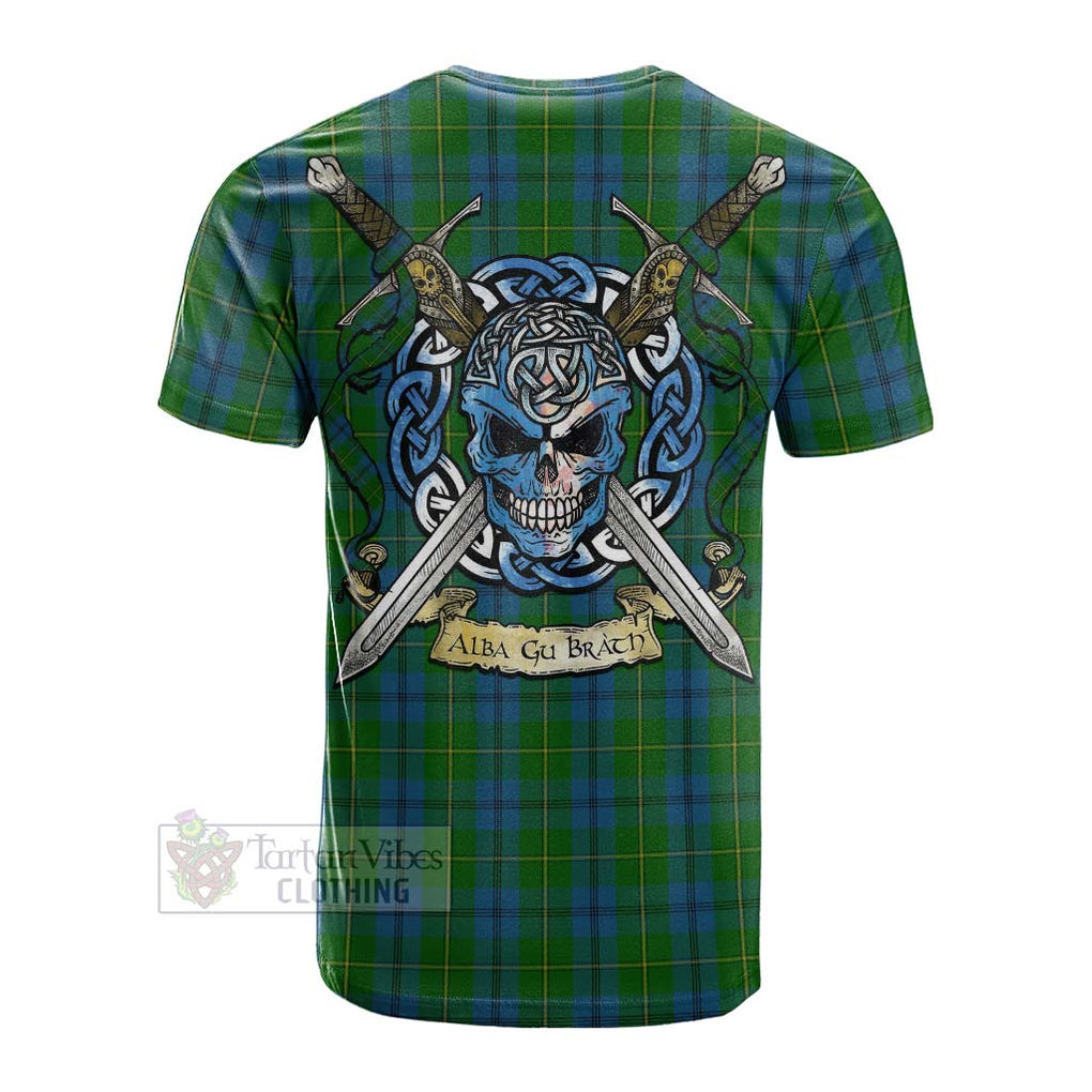 Tartan Vibes Clothing Johnstone (Johnston) Tartan Cotton T-shirt with Family Crest Celtic Skull Style