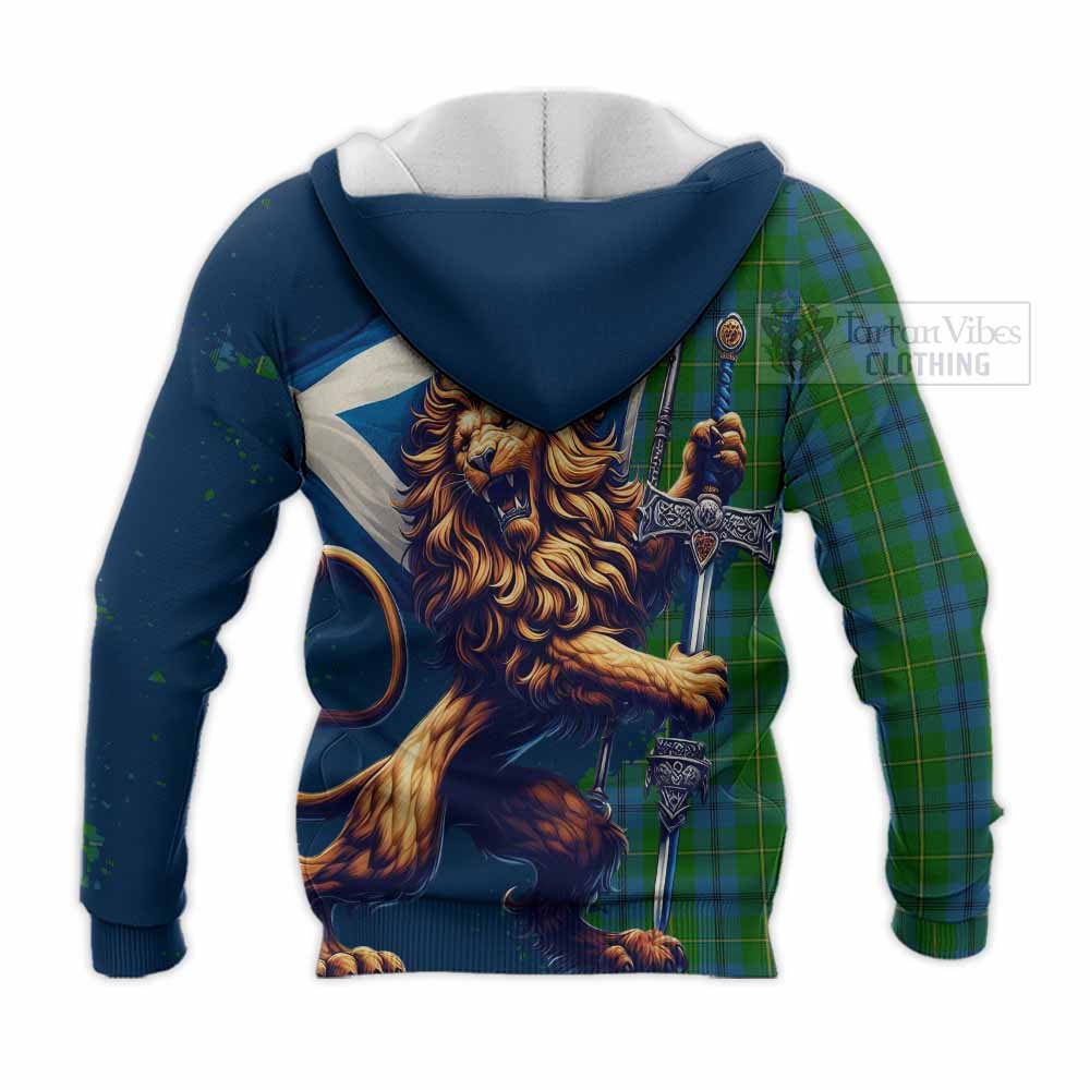 Tartan Vibes Clothing Johnstone (Johnston) Tartan Family Crest Knitted Hoodie with Scottish Majestic Lion