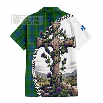 Johnstone (Johnston) Tartan Short Sleeve Button Shirt with Family Crest and St. Andrew's Cross Accented by Thistle Vines