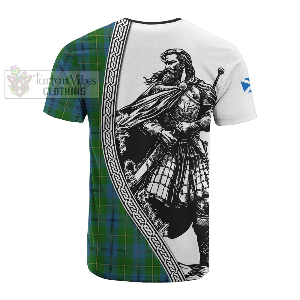 Johnstone (Johnston) Tartan Clan Crest Cotton T-shirt with Highlander Warrior Celtic Style