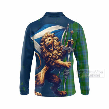 Johnstone (Johnston) Tartan Family Crest Long Sleeve Polo Shirt with Scottish Majestic Lion