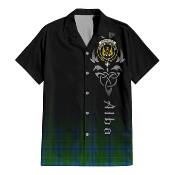 Johnstone (Johnston) Tartan Short Sleeve Button Up Shirt Featuring Alba Gu Brath Family Crest Celtic Inspired