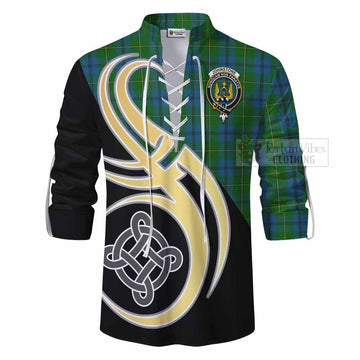 Johnstone (Johnston) Tartan Ghillie Kilt Shirt with Family Crest and Celtic Symbol Style