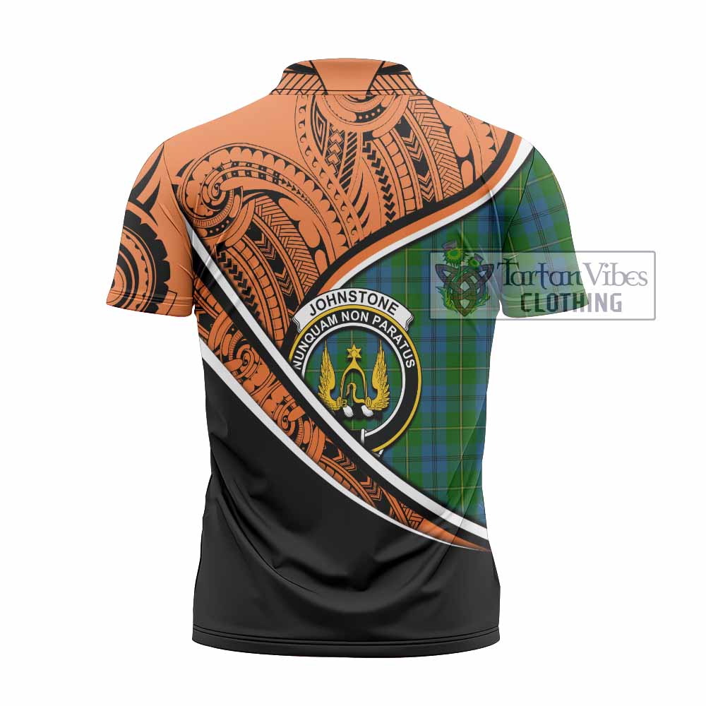 Tartan Vibes Clothing Johnstone (Johnston) Crest Tartan Zipper Polo Shirt with Maori Tattoo Style - Orange Version