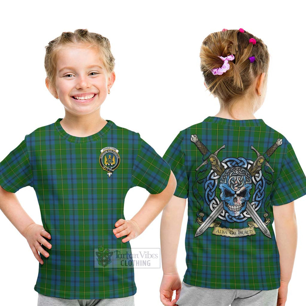 Tartan Vibes Clothing Johnstone (Johnston) Tartan Kid T-Shirt with Family Crest Celtic Skull Style