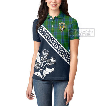 Johnstone (Johnston) Tartan Women's Polo Shirt Featuring Thistle and Scotland Map