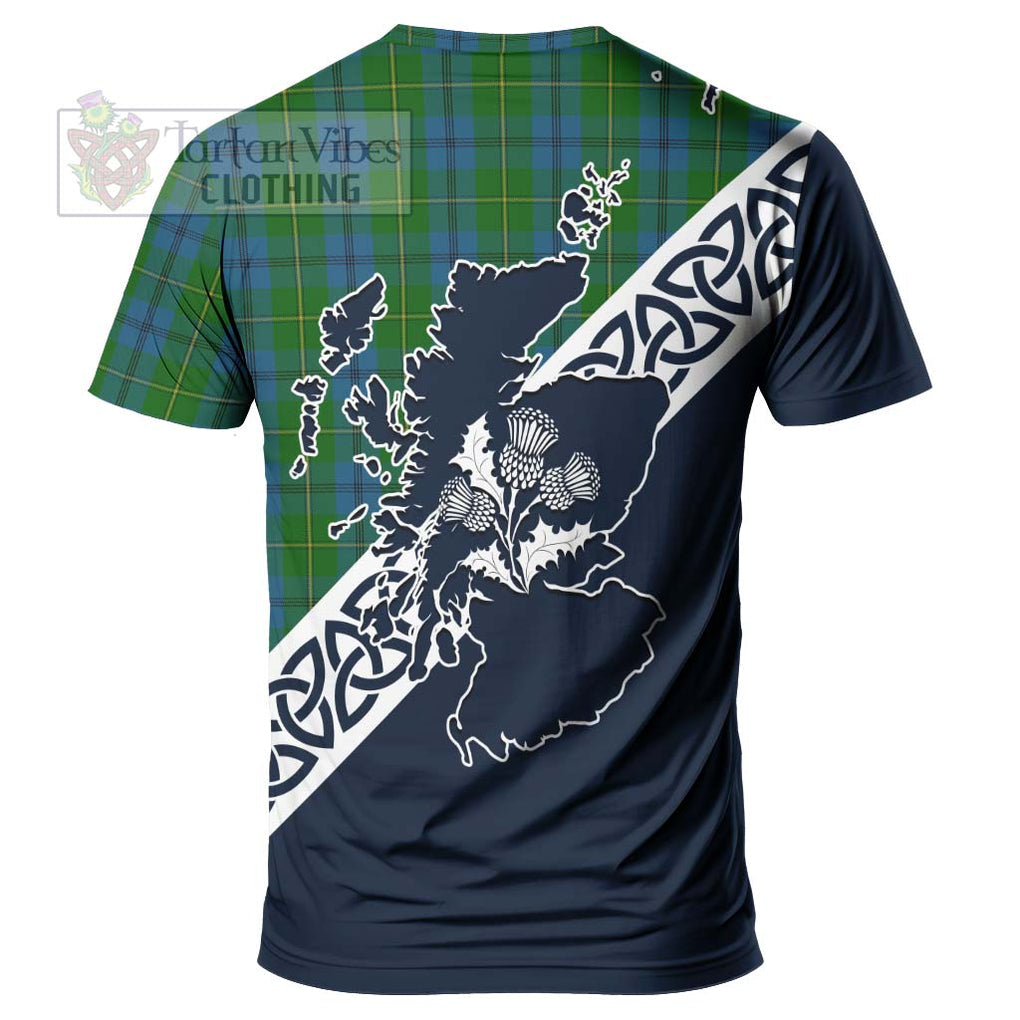 Johnstone (Johnston) Tartan T-Shirt Featuring Thistle and Scotland Map