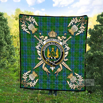 Johnstone (Johnston) Tartan Quilt with Family Crest and Golden Thistle Crossed Sword Design