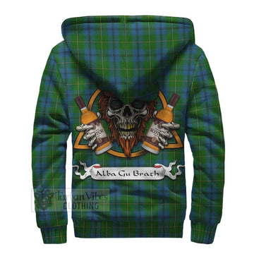 Johnstone (Johnston) Tartan Sherpa Hoodie with Family Crest and Bearded Skull Holding Bottles of Whiskey