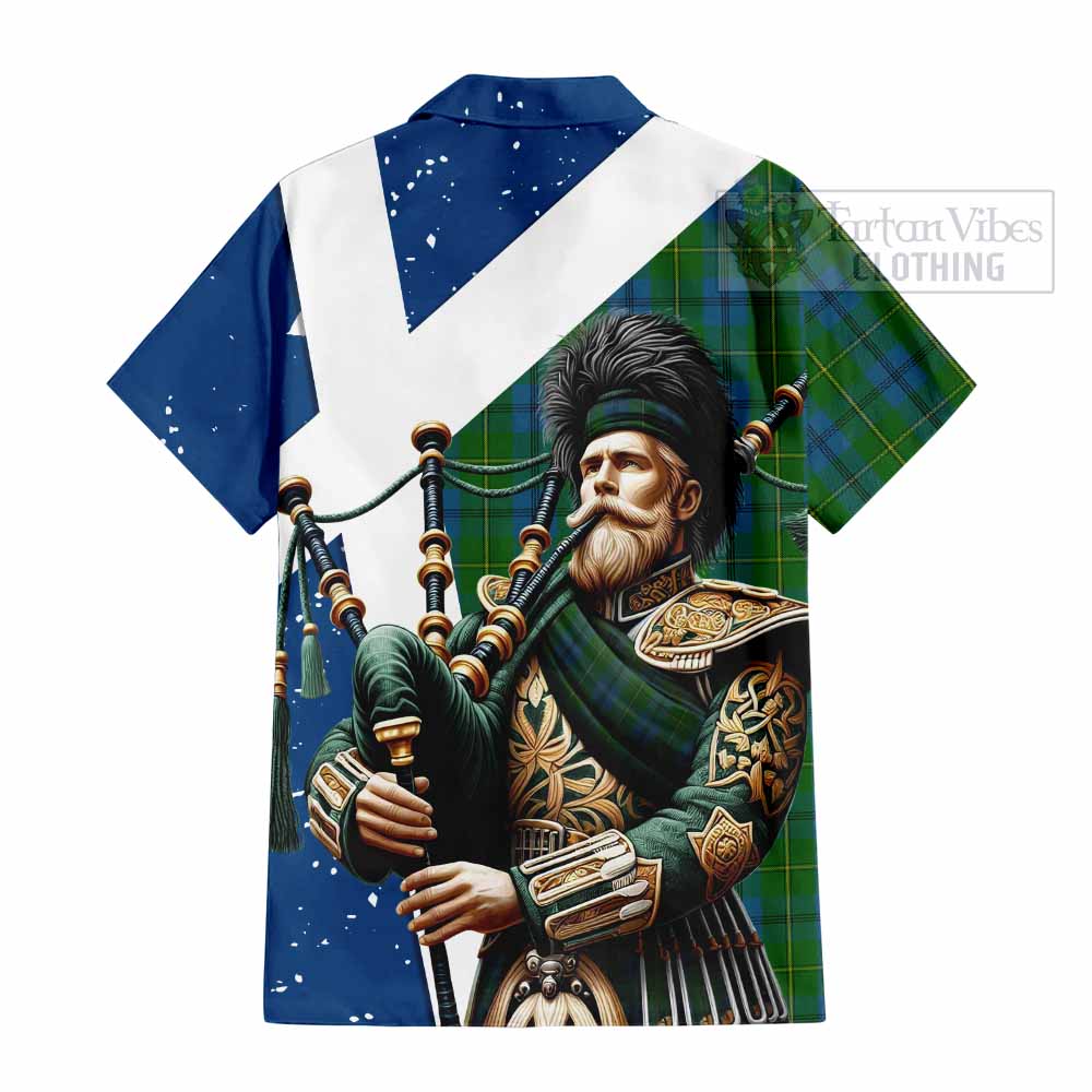 Tartan Vibes Clothing Johnstone (Johnston) Tartan Short Sleeve Button Shirt with Family Crest Scottish Bagpiper Vibes