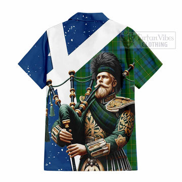 Johnstone (Johnston) Tartan Short Sleeve Button Shirt with Family Crest Scottish Bagpiper Vibes