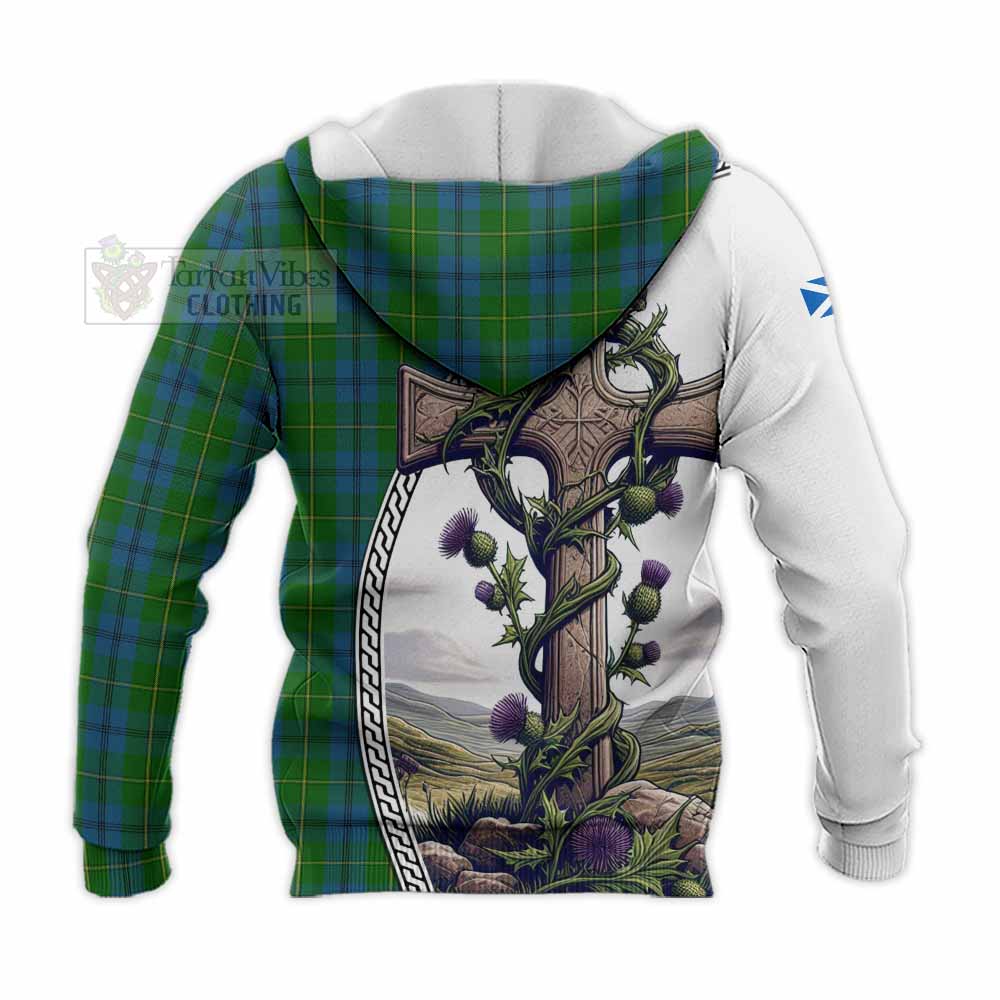 Tartan Vibes Clothing Johnstone (Johnston) Tartan Knitted Hoodie with Family Crest and St. Andrew's Cross Accented by Thistle Vines