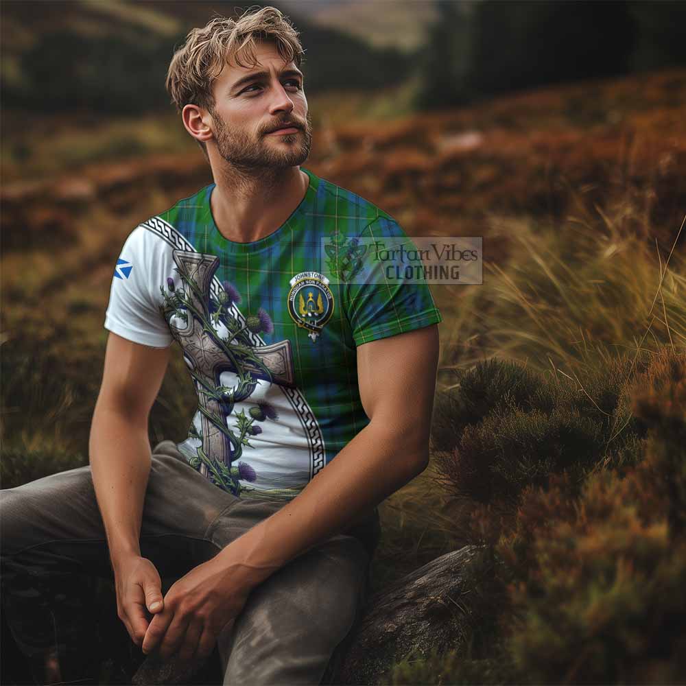 Tartan Vibes Clothing Johnstone (Johnston) Agnew Tartan T-Shirt with Family Crest and St. Andrew's Cross Accented by Thistle Vines