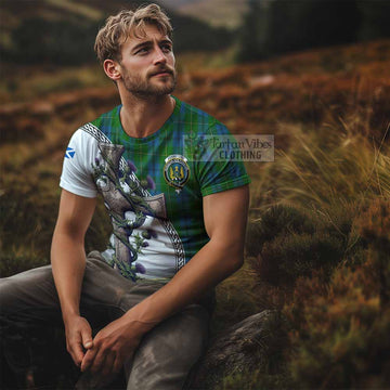 Johnstone (Johnston) Tartan T-Shirt with Family Crest and St. Andrew's Cross Accented by Thistle Vines