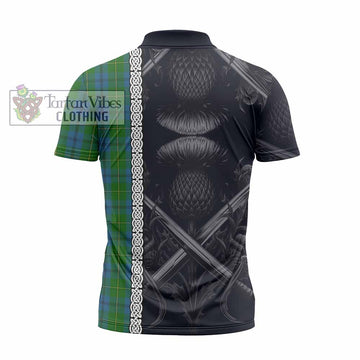 Johnstone (Johnston) Tartan Zipper Polo Shirt with Family Crest Cross Sword Thistle Celtic Vibes