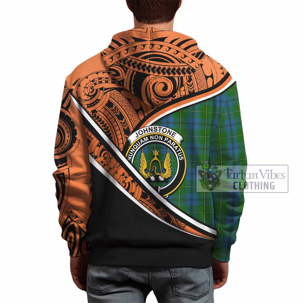 Tartan Vibes Clothing Johnstone (Johnston) Crest Tartan Hoodie with Maori Tattoo Style - Orange Version