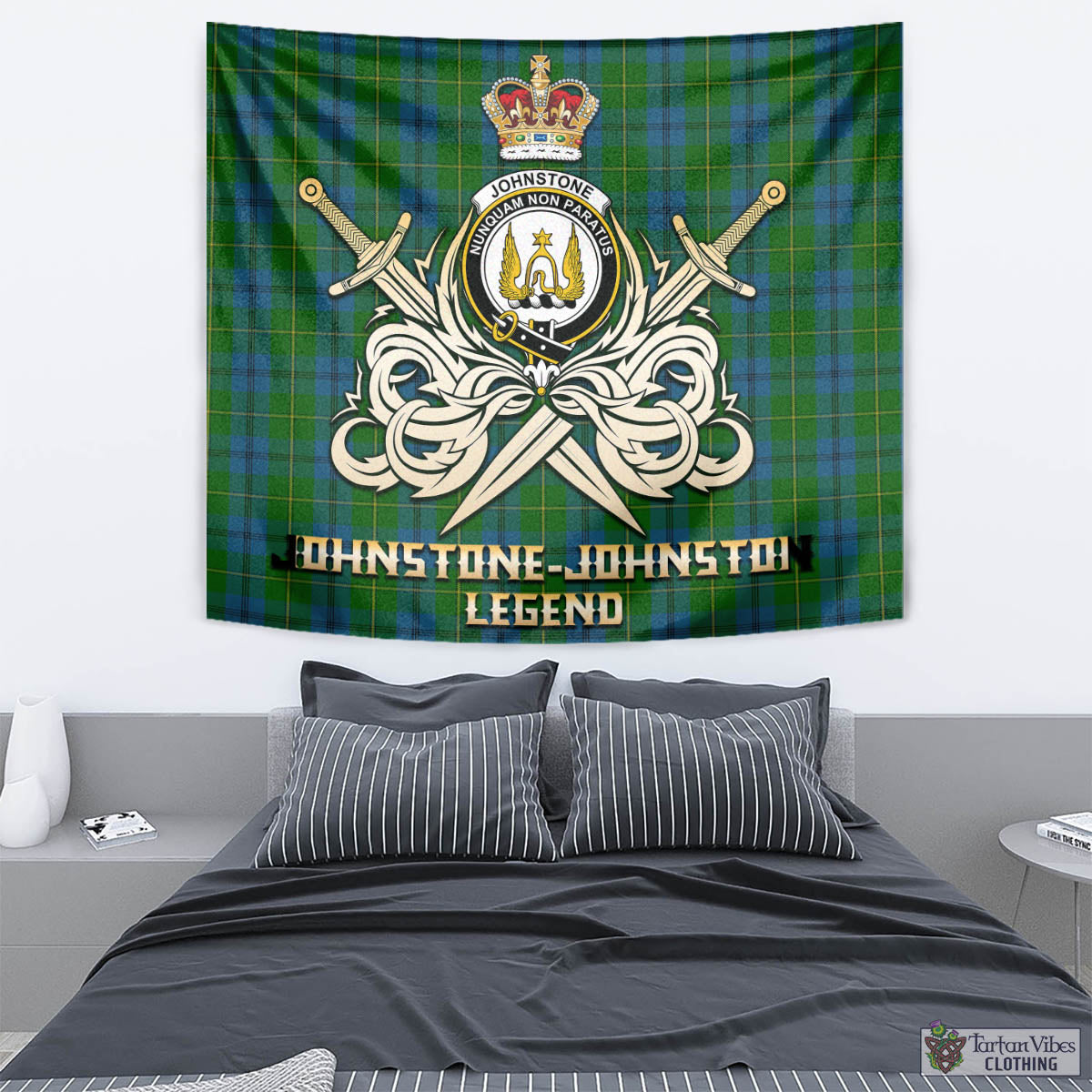 Tartan Vibes Clothing Johnstone-Johnston Tartan Tapestry with Clan Crest and the Golden Sword of Courageous Legacy