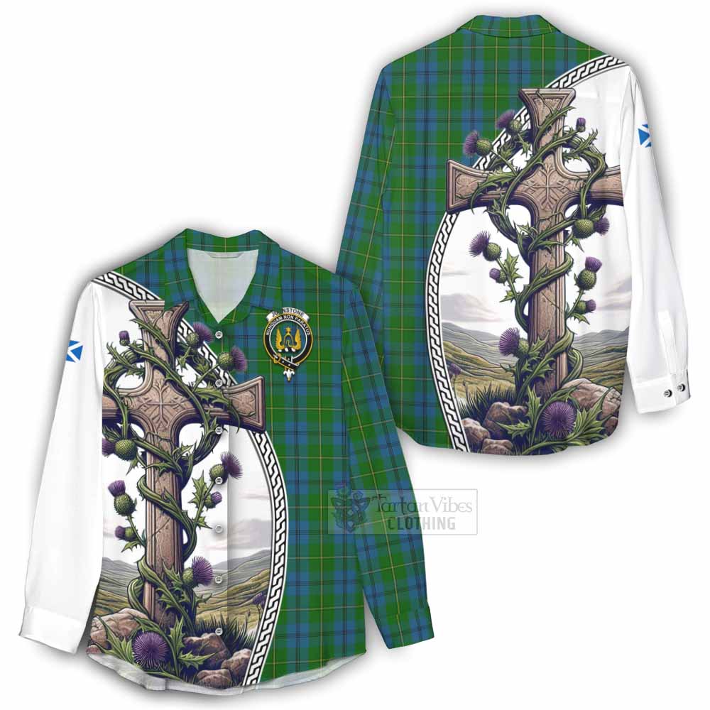 Tartan Vibes Clothing Johnstone (Johnston) Tartan Women's Casual Shirt with Family Crest and St. Andrew's Cross Accented by Thistle Vines