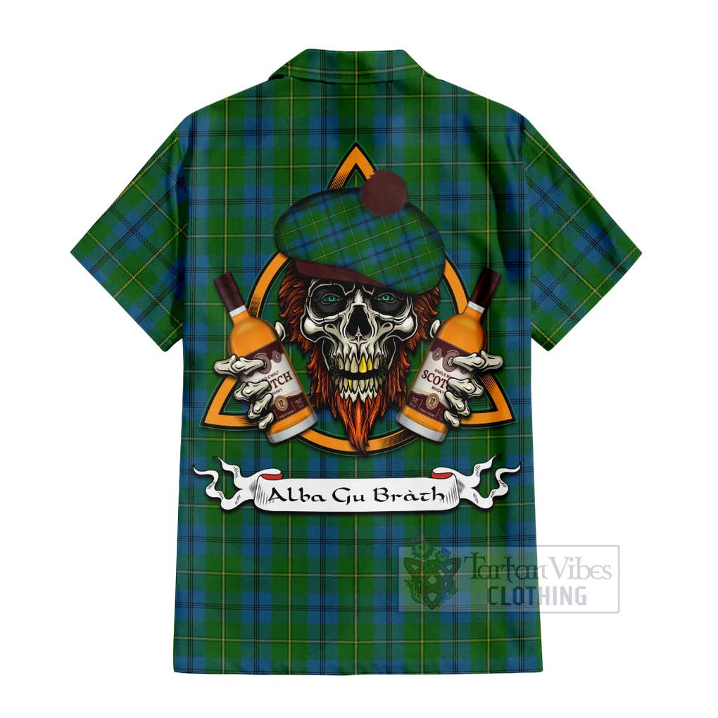 Tartan Vibes Clothing Johnstone (Johnston) Tartan Short Sleeve Button Shirt with Family Crest and Bearded Skull Holding Bottles of Whiskey