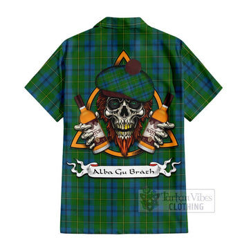 Johnstone (Johnston) Tartan Short Sleeve Button Shirt with Family Crest and Bearded Skull Holding Bottles of Whiskey