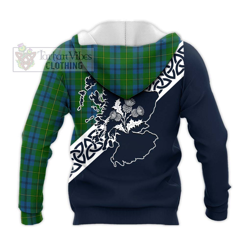 Tartan Vibes Clothing Johnstone (Johnston) Tartan Knitted Hoodie Featuring Thistle and Scotland Map