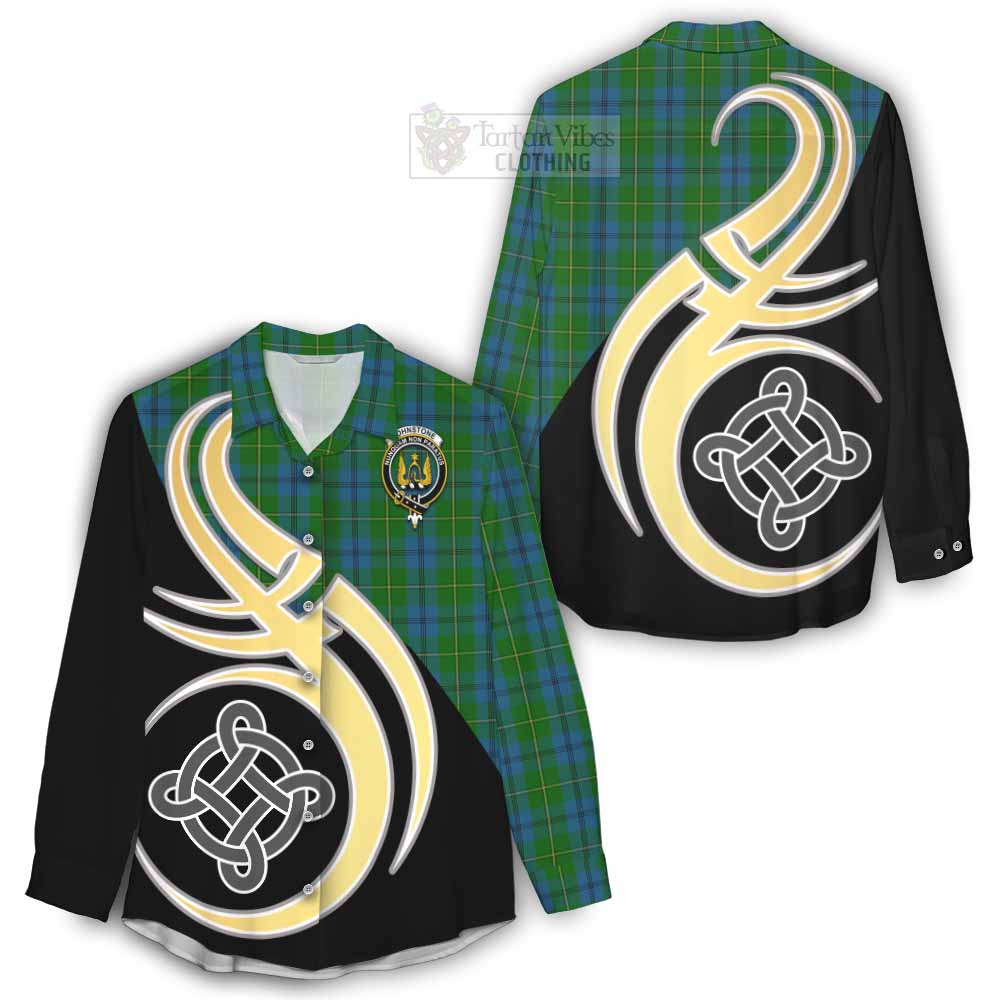 Tartan Vibes Clothing Johnstone (Johnston) Tartan Women's Casual Shirt with Family Crest and Celtic Symbol Style