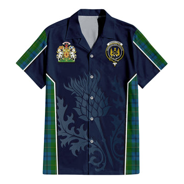 Johnstone (Johnston) Tartan Short Sleeve Button Up Shirt with Family Crest and Scottish Thistle Vibes Sport Style