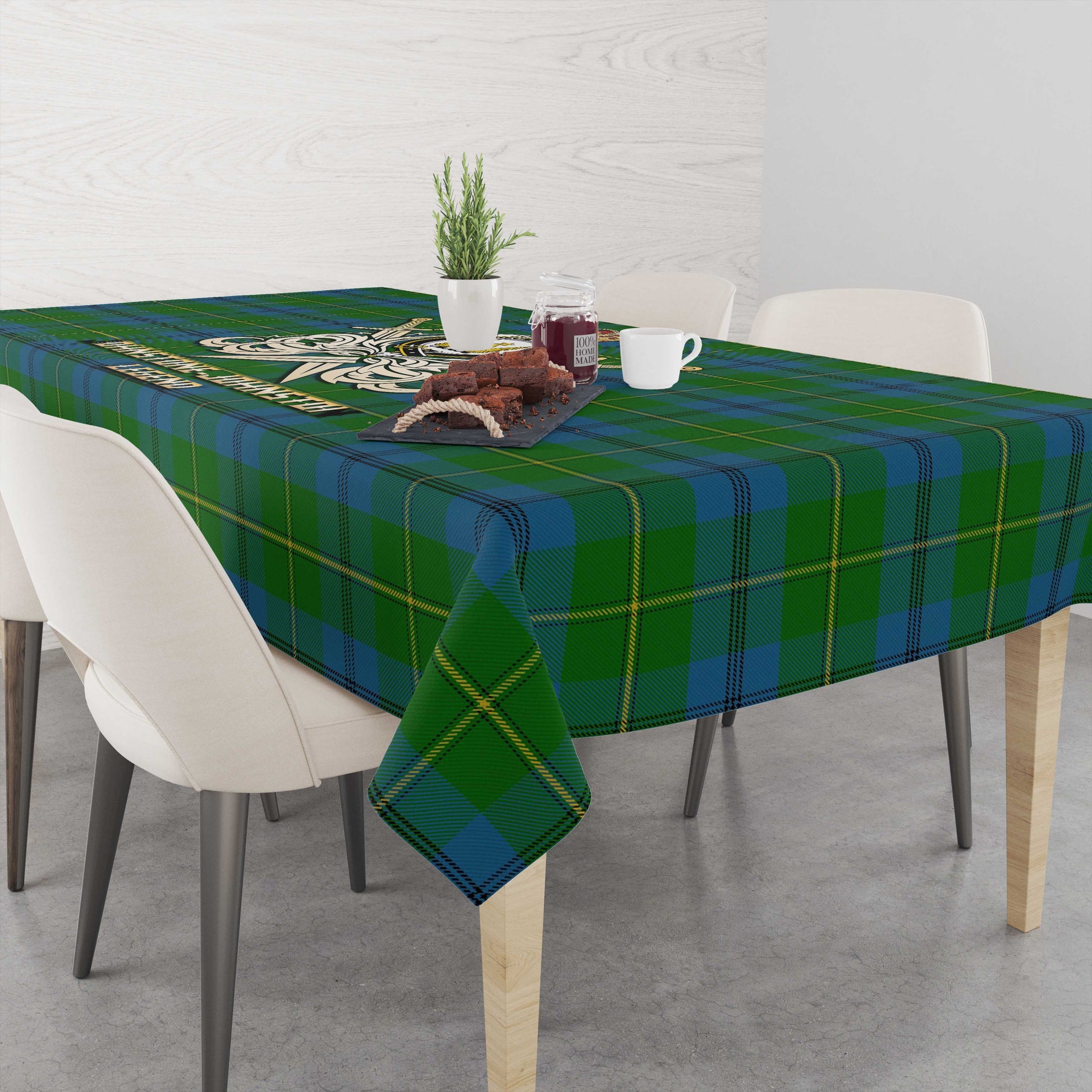 Tartan Vibes Clothing Johnstone-Johnston Tartan Tablecloth with Clan Crest and the Golden Sword of Courageous Legacy