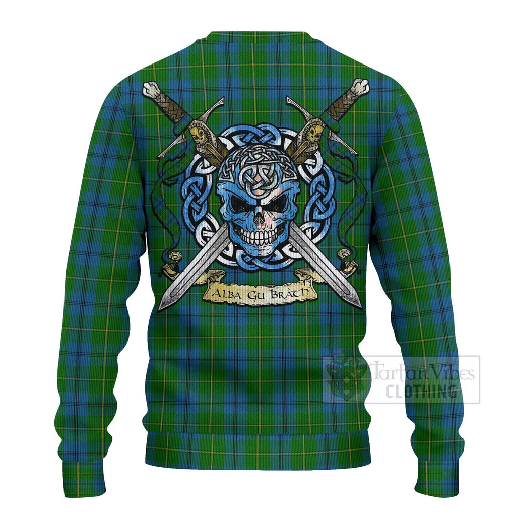 Tartan Vibes Clothing Johnstone (Johnston) Tartan Knitted Sweater with Family Crest Celtic Skull Style