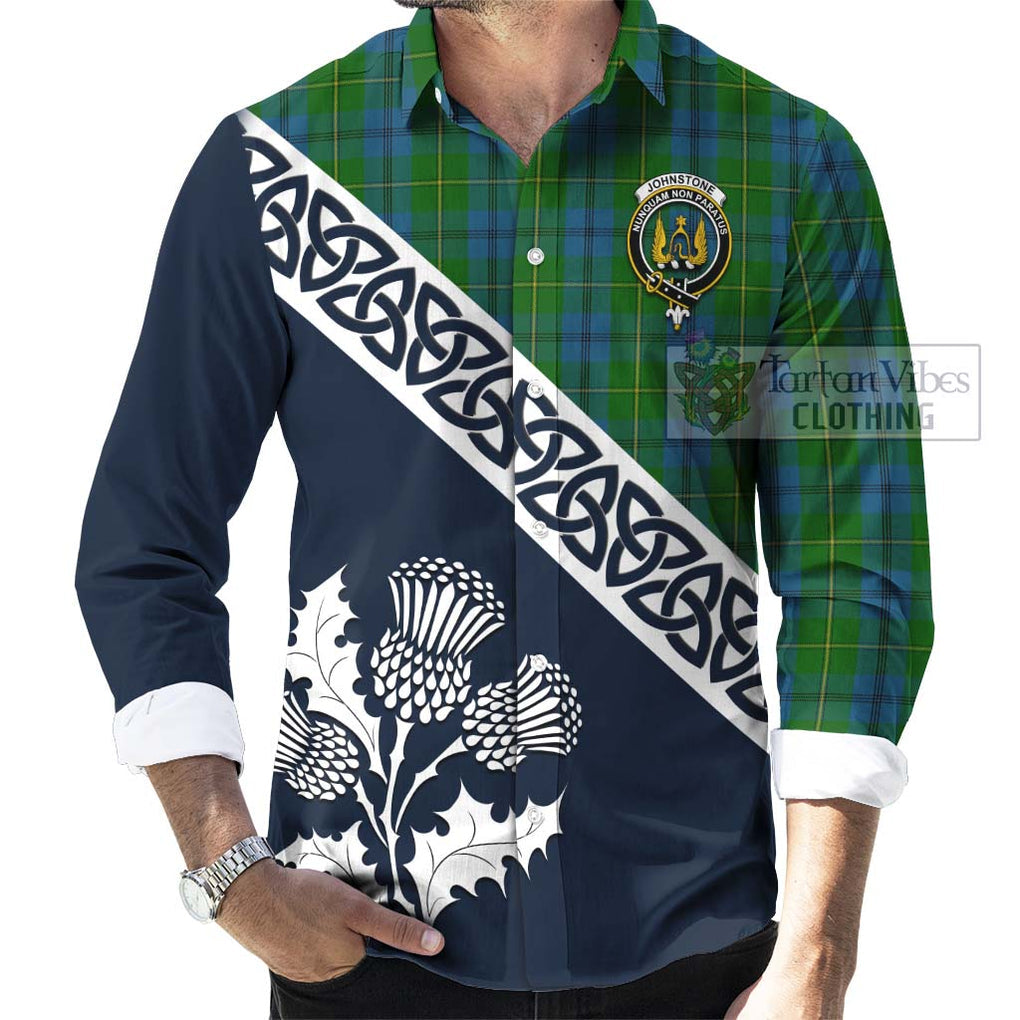 Tartan Vibes Clothing Johnstone (Johnston) Tartan Long Sleeve Button Shirt Featuring Thistle and Scotland Map