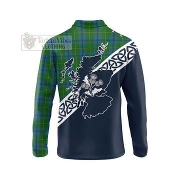 Johnstone (Johnston) Tartan Long Sleeve Polo Shirt Featuring Thistle and Scotland Map