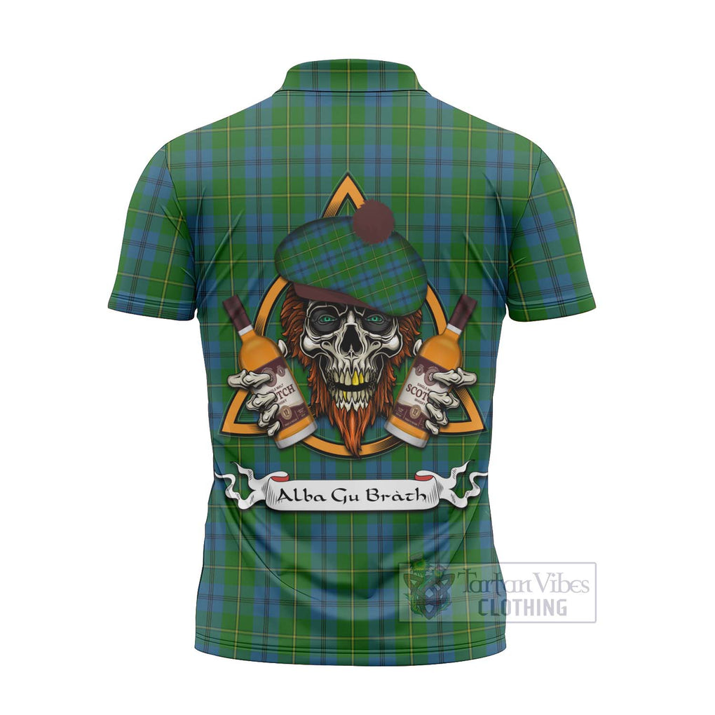 Tartan Vibes Clothing Johnstone (Johnston) Tartan Zipper Polo Shirt with Family Crest and Bearded Skull Holding Bottles of Whiskey