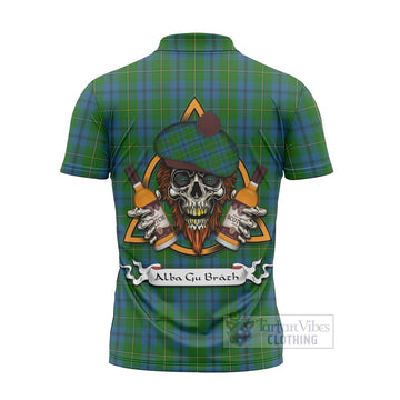 Johnstone (Johnston) Tartan Zipper Polo Shirt with Family Crest and Bearded Skull Holding Bottles of Whiskey