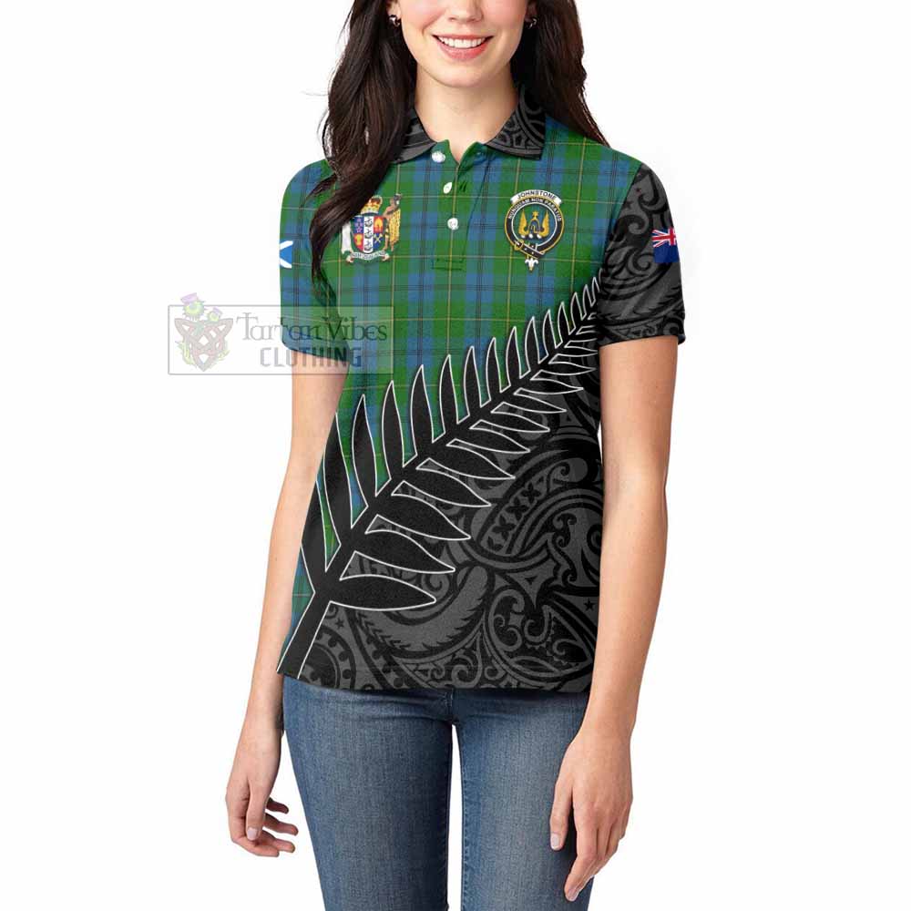 Tartan Vibes Clothing Johnstone (Johnston) Crest Tartan Women's Polo Shirt with New Zealand Silver Fern Half Style