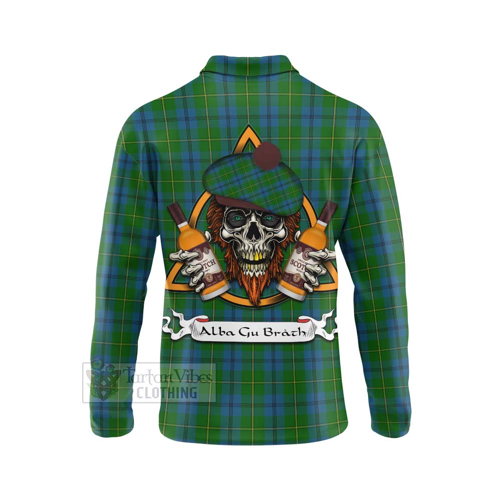 Tartan Vibes Clothing Johnstone (Johnston) Tartan Long Sleeve Polo Shirt with Family Crest and Bearded Skull Holding Bottles of Whiskey