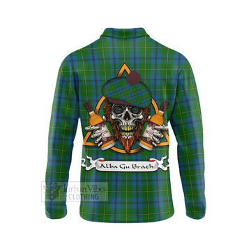 Johnstone (Johnston) Tartan Long Sleeve Polo Shirt with Family Crest and Bearded Skull Holding Bottles of Whiskey