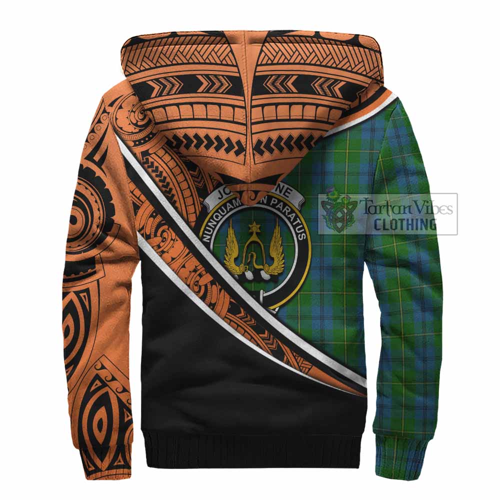 Tartan Vibes Clothing Johnstone (Johnston) Crest Tartan Sherpa Hoodie with Maori Tattoo Style - Orange Version