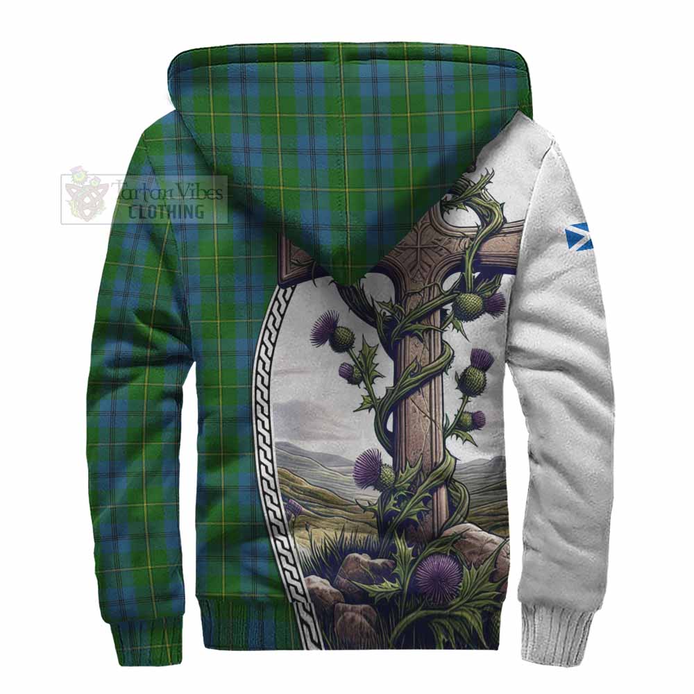 Tartan Vibes Clothing Johnstone (Johnston) Tartan Sherpa Hoodie with Family Crest and St. Andrew's Cross Accented by Thistle Vines